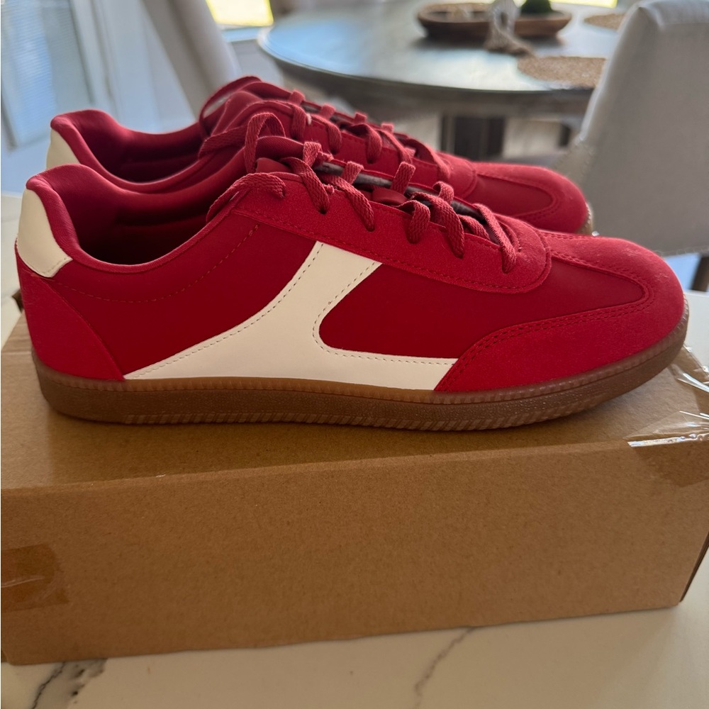 Cute red sneakers.